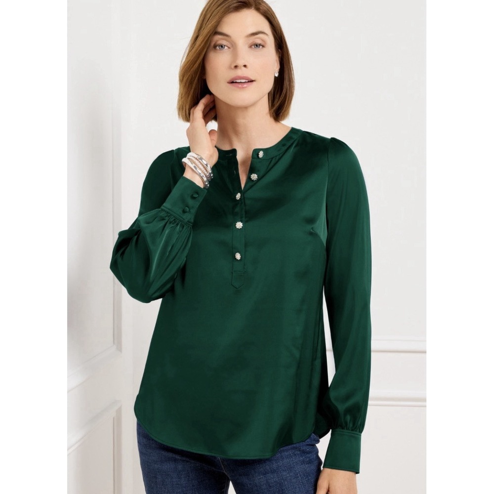 Talbots Soft Satin Charmeuse Band Collar Popover Embellished Size 1X Festive